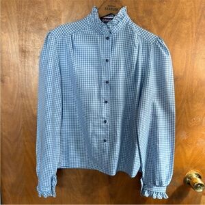 Vintage Blue White Gingham Blouse Top High Neck Ruffle Victorian Country Western